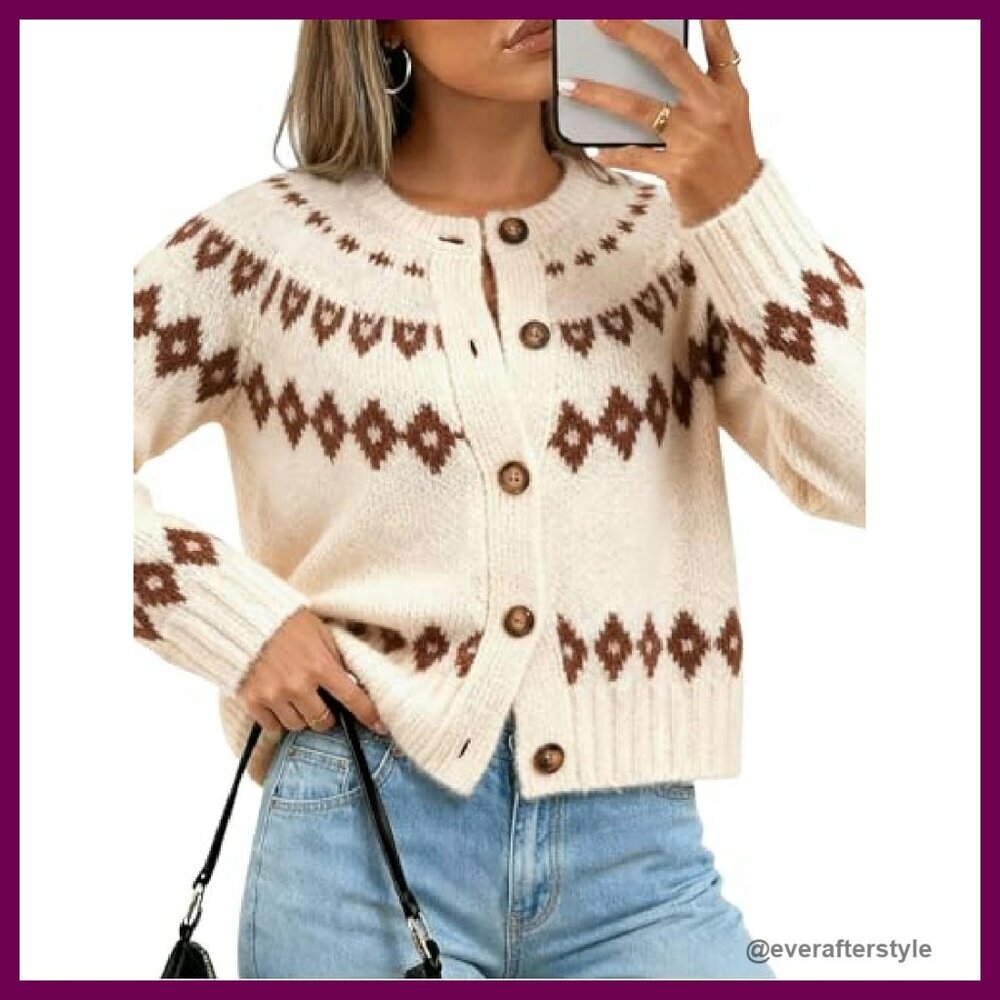 Fair Isle Cropped Cardigan Chunky Knit Y2K Retro Chic Fall Winter Sweater - Picture 5 of 9